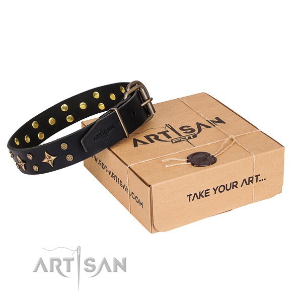 Comfortable wearing dog collar of quality genuine leather with adornments