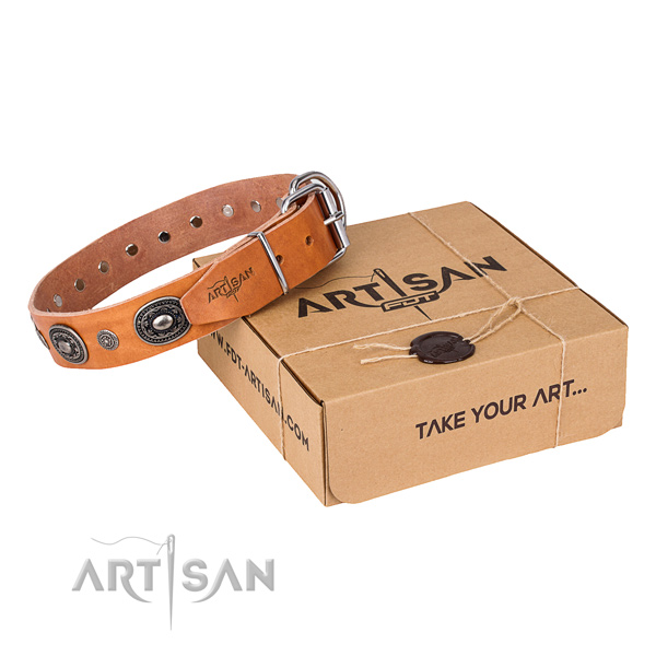 Reliable natural genuine leather dog collar handcrafted for comfortable wearing