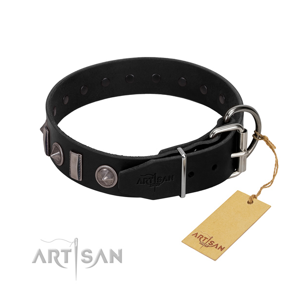 Best quality full grain natural leather dog collar with decorations for your handsome pet