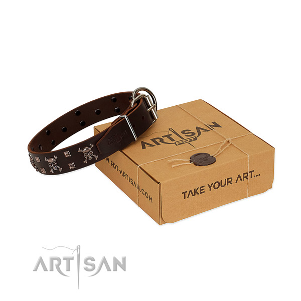 Durable full grain genuine leather dog collar with rust resistant hardware