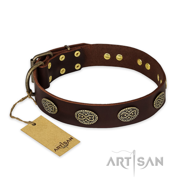 Unique genuine leather dog collar with rust resistant D-ring