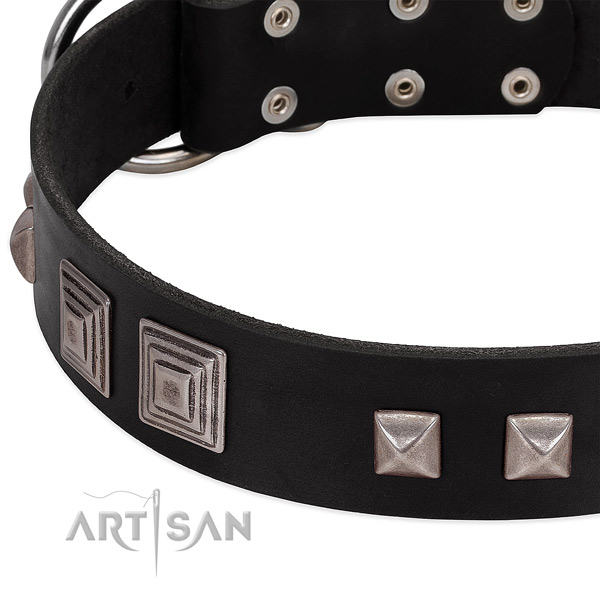 Rust-proof D-ring on leather dog collar for easy wearing