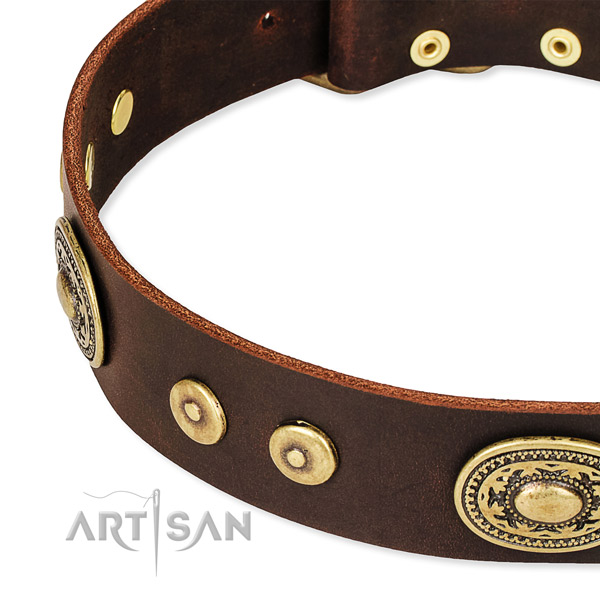 Decorated dog collar made of flexible full grain genuine leather