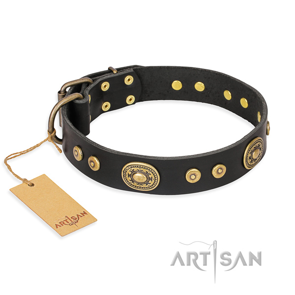 Full grain natural leather dog collar made of reliable material with rust resistant traditional buckle