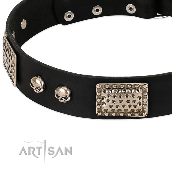 Strong adornments on genuine leather dog collar for your doggie