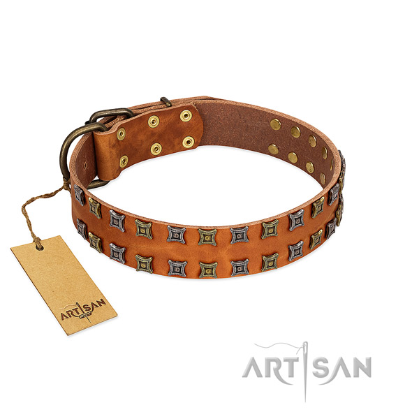 Soft genuine leather dog collar with decorations for your pet