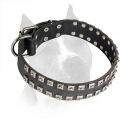 Amstaff Leather Collar with 2 Rows of Steel Nickel Plated Pyramids