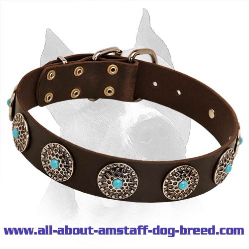Get Leather Dog Collar, Blue Decorative Stones